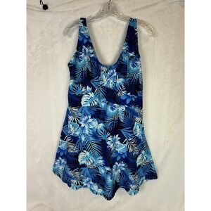 Your Best Look‎ Blue Tropical Swim Dress One Piece Skirted Swimsuit 18